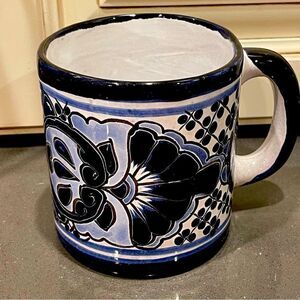Mexican Talavera handmade Pottery blue and white patterned painted mug